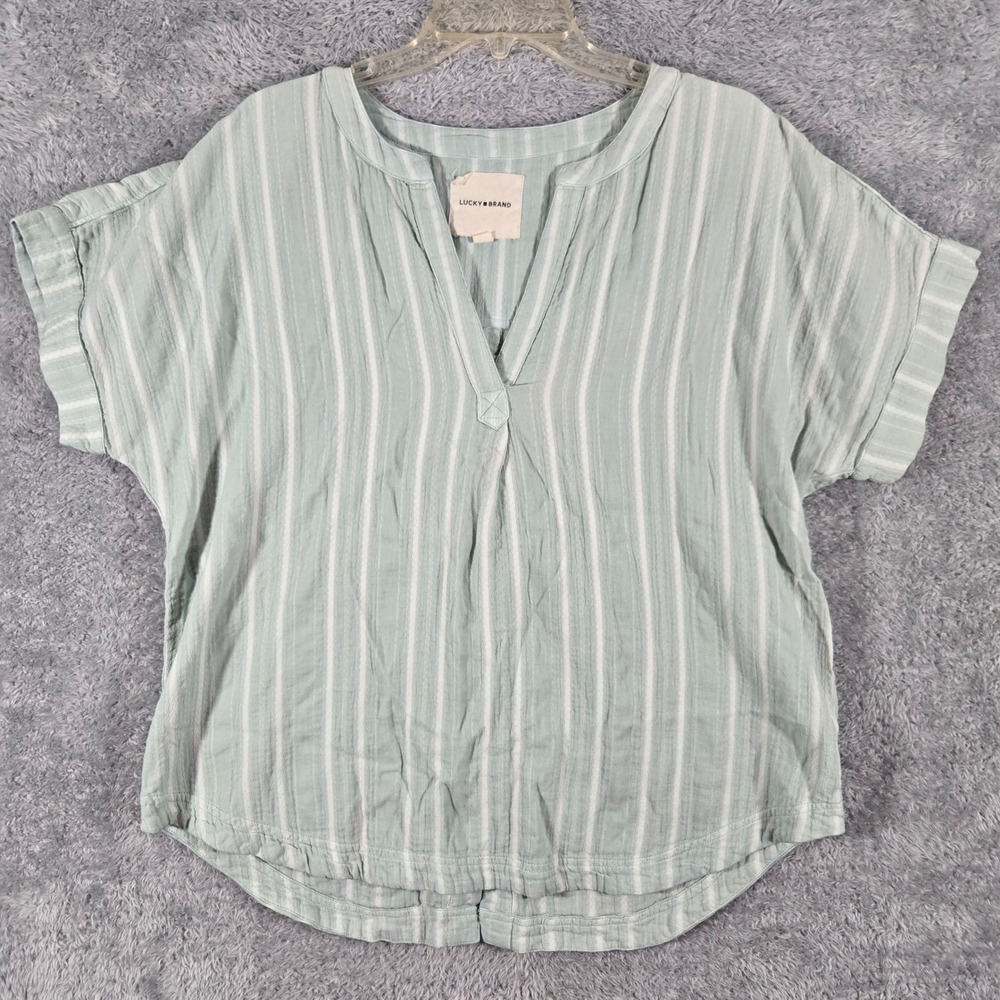 Lucky Brand Women Sage Green White Striped Button Back V-Neck Blouse Medium